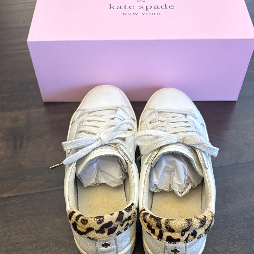 kate spade White Leather Sneakers with Leopard Heel Trim
